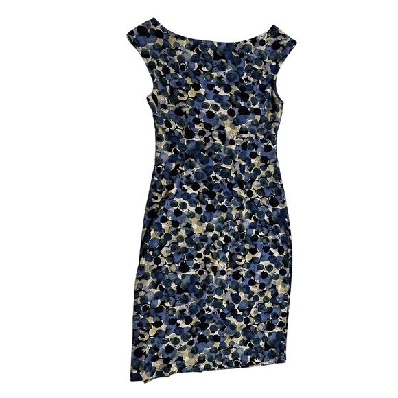 Dressbarn Signature Sadie Dress 8 Blue Purple Circle Sleeveless Ruched Stretch - Picture 1 of 7